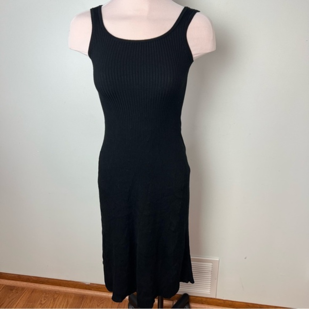 INSIS Femme Black Ribbed Knit Tank Dress Midi Bodycon Minimalist Size Small